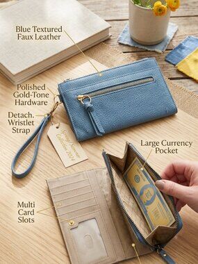 MUST HAVE Slim Blue Pebbled Wristlet Wallet Clutch - Boho Chic Organizer EUC